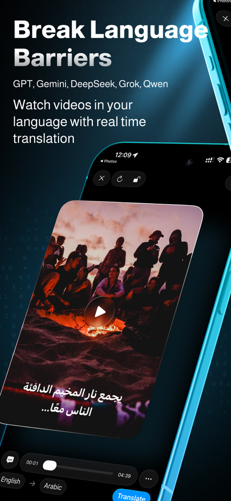 AutoSub - Video Translator - AutoSub app interface displaying real-time video translation with Arabic subtitles and AI model options like GPT and Gemini.