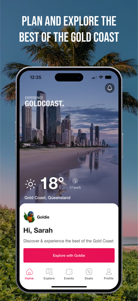Experience Gold Coast - Experience Gold Coast app home screen featuring a scenic beach city view and the AI travel buddy Goldie
