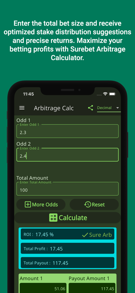 Surebet Arbitrage Calculator - Surebet Arbitrage Calculator interface displaying ROI and profit for sports betting odds.