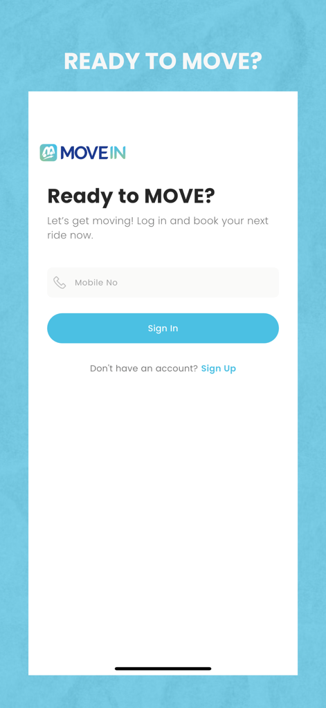 Move In Driver - Move In ride hailing app login screen with phone number input