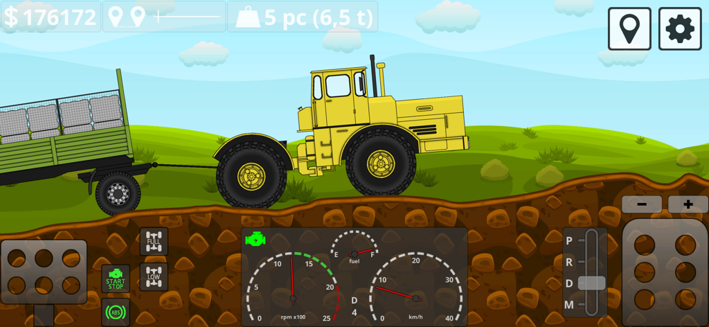 Gameplay di Mini Trucker che mostra un trattore giallo che traina un rimorchio carico su un terreno accidentato con un cruscotto tecnico dettagliato.