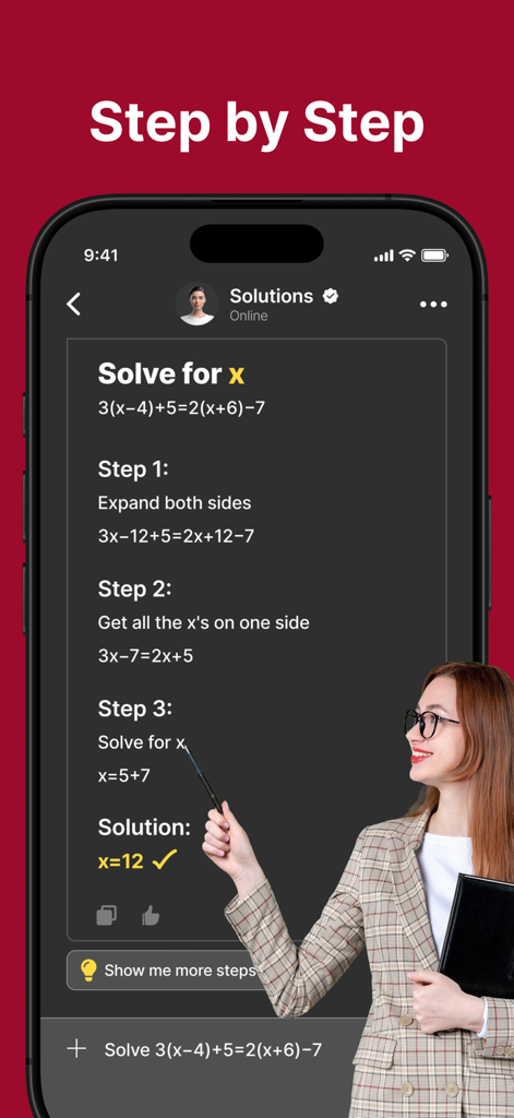 FastMath - Take Photo & Solve - Interfaccia dell'app FastMath che mostra una soluzione di algebra passo passo per un'equazione lineare su uno schermo di smartphone.