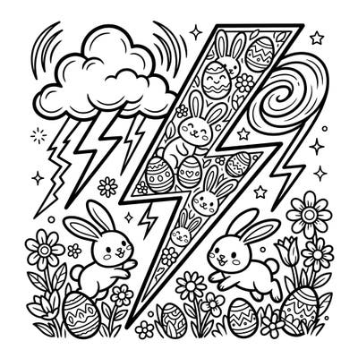 Get ready for a unique Easter coloring experience where playful lightning meets adorable bunnies! This charming page features festive eggs and spring blossoms, perfect for adding your burst of color.