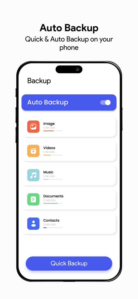 Cloudgate - Cloud Storage App - Cloudgate app auto backup screen showing data categories for images videos music documents and contacts
