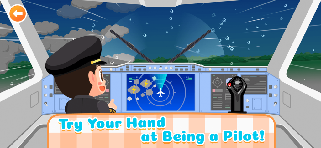 A cartoon child pilot in an airplane cockpit playing a career roleplay game