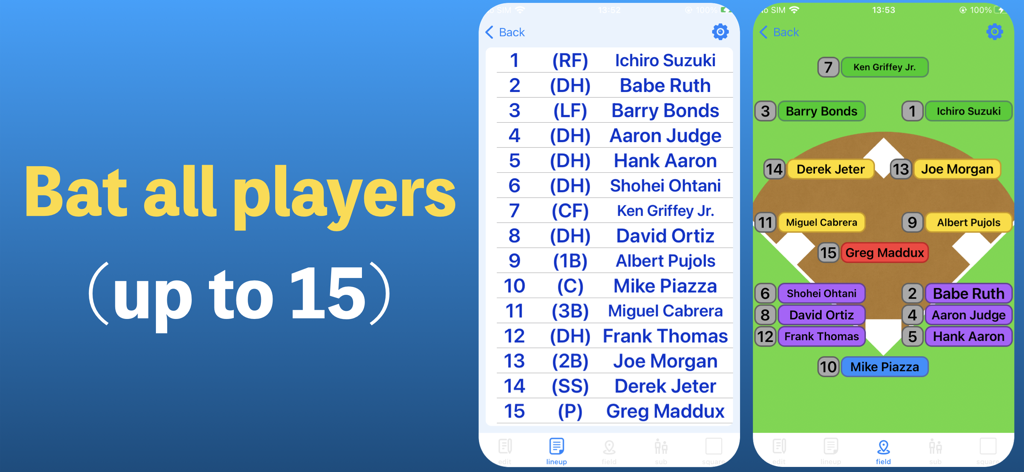 Batting order and field position view in the Baseball Lineup app