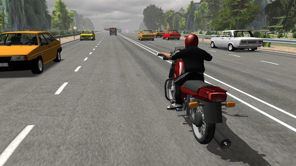 Russian Moto Traffic Rider 3D - Third person view of a red motorcycle driving through highway traffic in a 3D racing game.