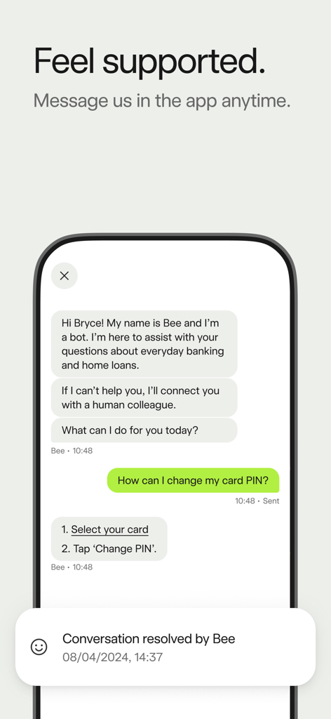 Bankwest - In app messaging feature in the Bankwest app showing a chat with a virtual assistant