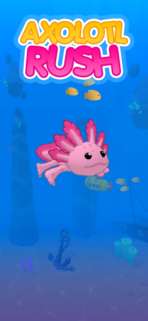 Axolotl Rush - Cute pink axolotl character swimming underwater in the Axolotl Rush mobile game