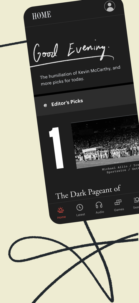 The home screen of The Atlantic Magazine app in dark mode showing Editor's Picks.