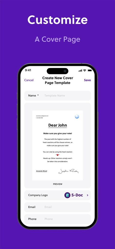 Screen showing the creation of a custom fax cover page template with contact details and logo