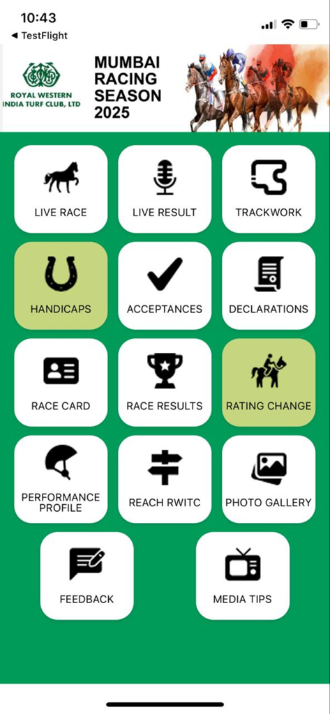 The home screen of the RWITC Official app for horse racing updates showing live results and race cards