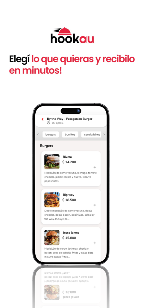 Hookau Delivery App - Interface do aplicativo Hookau Delivery mostrando um cardápio de hambúrguer gourmet com preços e descrições em um iPhone.