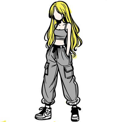 girl in baggy pants crop top and long hair