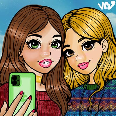 realistic cute teen girl taking selfie with her bestie