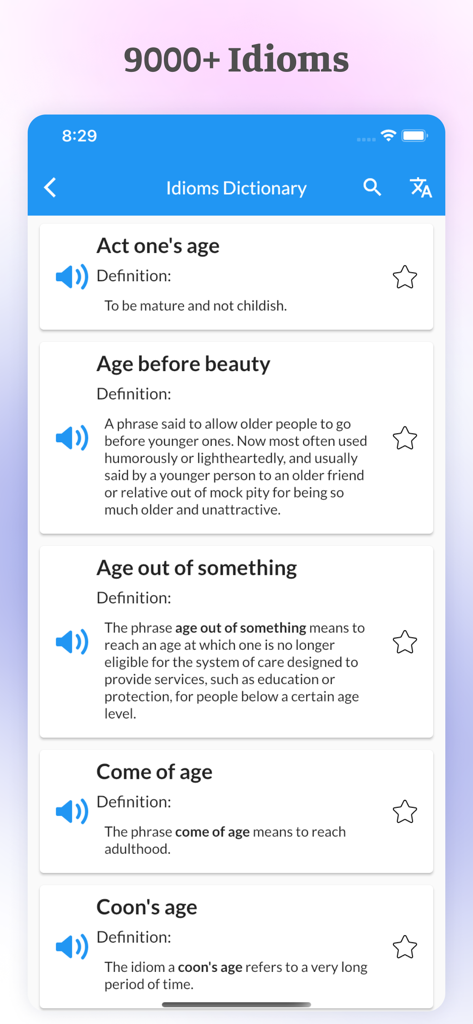 Best English Idioms & Phrases - Oberfläche des englischen Redewendungs-Wörterbuchs, die eine Liste von Redewendungen mit ihren Definitionen und Audio-Aussprachesymbolen anzeigt