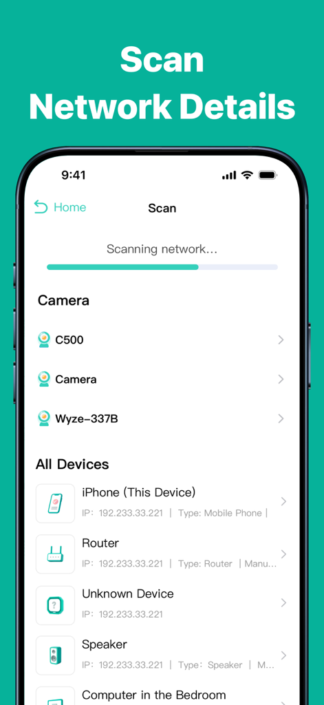 Security Home - Camera Connect - Security Home app interface scanning a local network for connected IP cameras and smart devices.