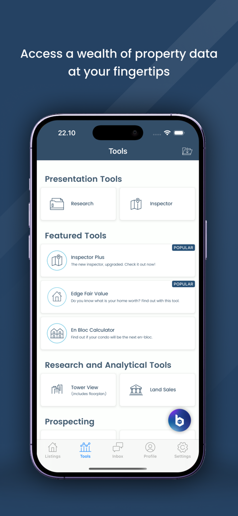 EdgeProp Analytics app interface displaying real estate research and investment tools.
