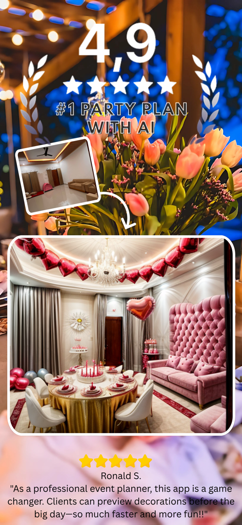 AI Party Planner & Designer - Before and after room transformation for a luxury party design using AI