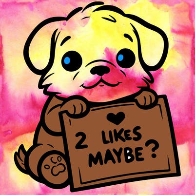 a puppy holding a sign that says 2 likes maybe?