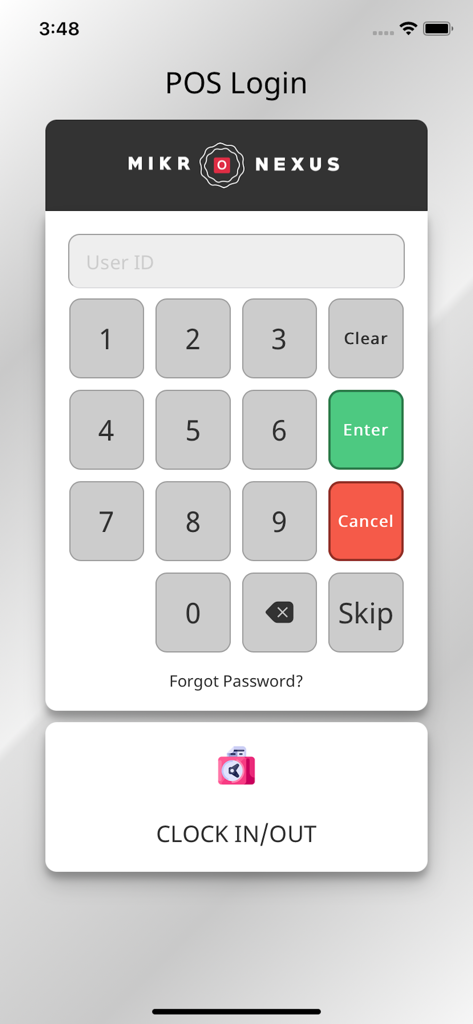 数字キーパッドとクロックインボタンを備えたtio POSログイン画面