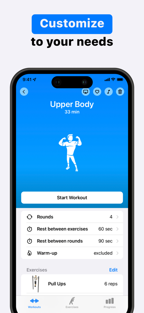 Calisthenics Coachy - Écran montrant les options de personnalisation d'un entraînement du haut du corps dans l'application Calisthenics Coachy.