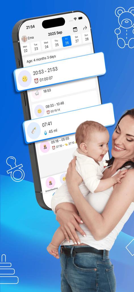 Babystart – Baby Tracker & Log - Eine Mutter hält ihr Baby neben einem Smartphone, das die Babystart App-Oberfläche mit Protokollen für Schlaf und Fütterung zeigt.