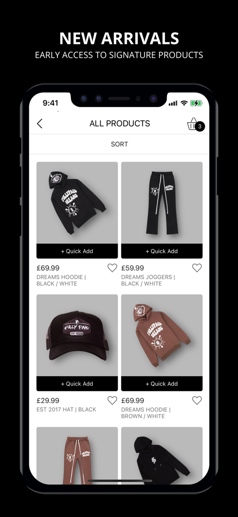 FULLYPAID CLOTHING - FULLYPAID CLOTHING mobile app interface showcasing new arrivals of urban streetwear including hoodies and joggers.