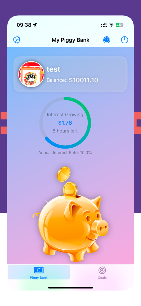 Family Piggy Bank - Interfaz de la aplicación de hucha digital que muestra el saldo de ahorros y el seguimiento de la tasa de interés