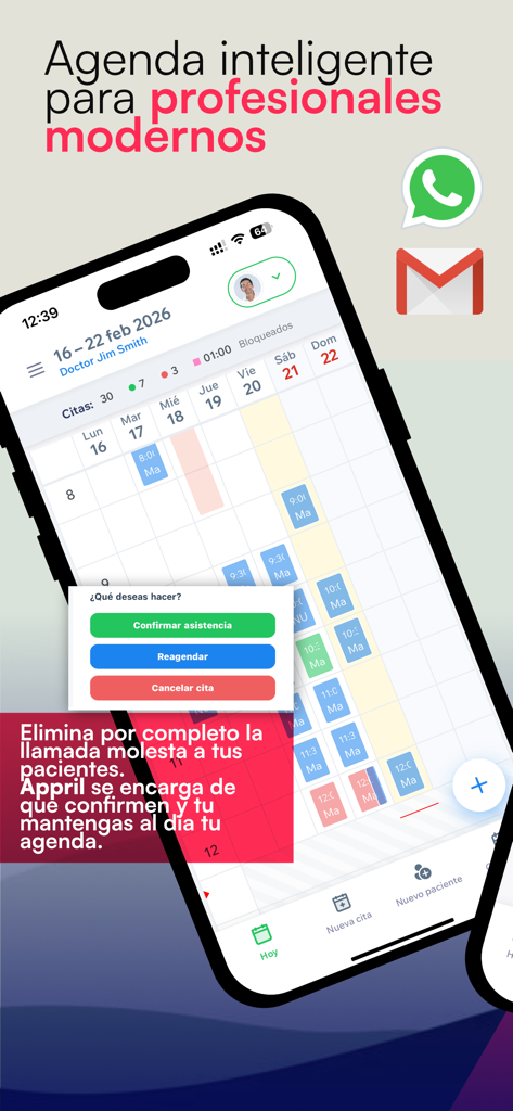 Appril-Agenda de profesionales - Interface do aplicativo de agenda médica Appril mostrando um calendário profissional com integração de WhatsApp e e-mail para agendamento de consultas