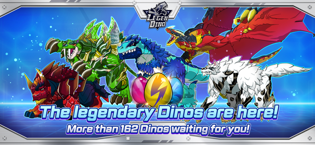 A collection of legendary dinosaurs and hatching eggs from the game Legendino Dinosaur Battle