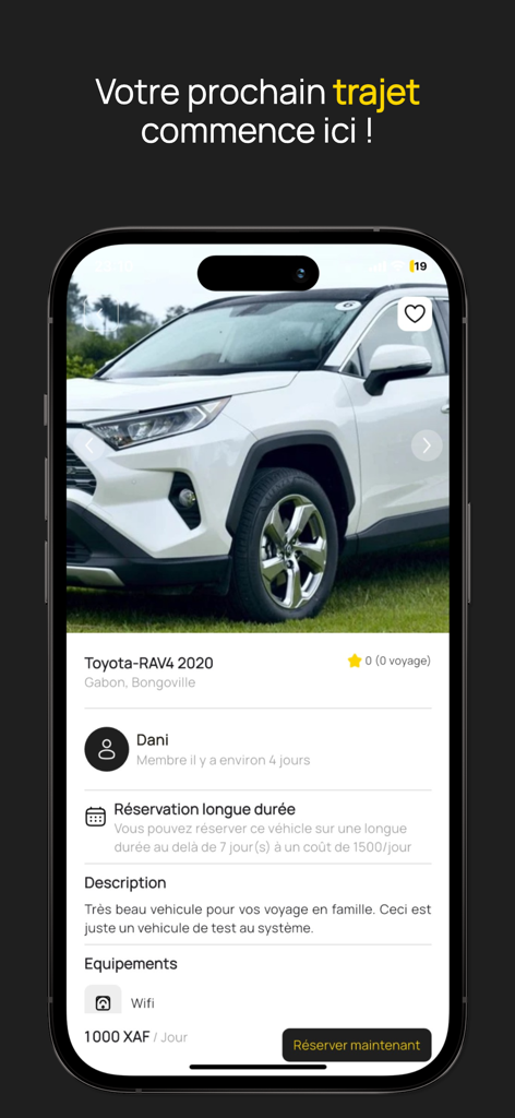 가봉 봉고빌에서 토요타 RAV4 차량 렌탈 목록을 보여주는 Loobv 앱 인터페이스