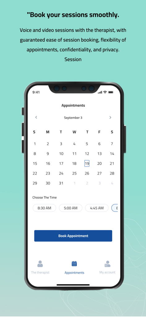 Arab Therapy app screen showing a calendar and time selection for booking a private mental health session.