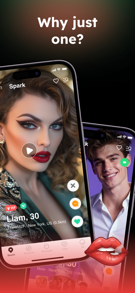 Transgender Dating: Translr - Screenshot der Translr-App, der Benutzerprofile und die Spark-Funktion zum Matchen zeigt.