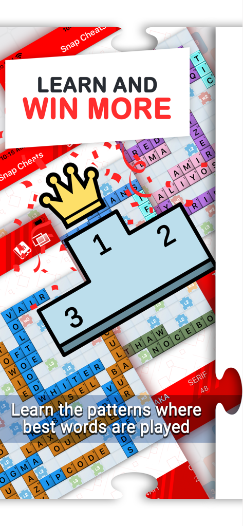 Snap Cheats for Words Friends - A game board showing high scoring words with a first place podium and crown illustrating how to win at word games.