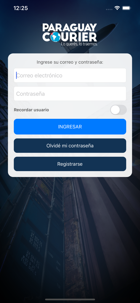 Paraguay Courier SRL - Login screen of the Paraguay Courier app with email and password fields