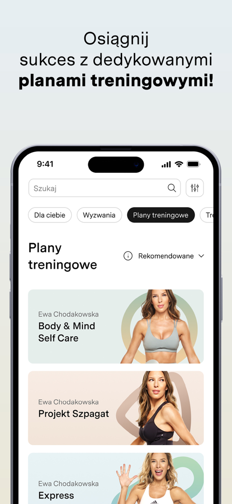 Interface of BeActiveTV app displaying various home workout programs by Ewa Chodakowska