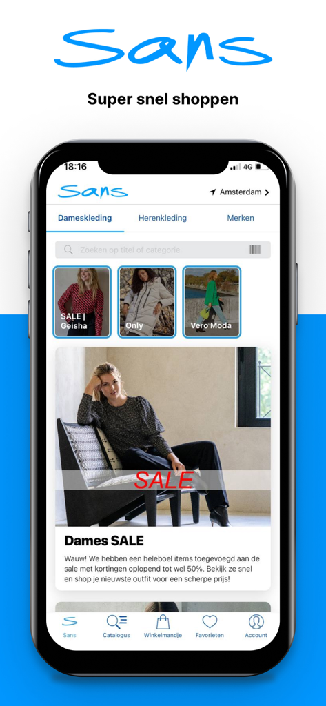 Sans-online mobile app homepage with clothing categories and brand discounts.