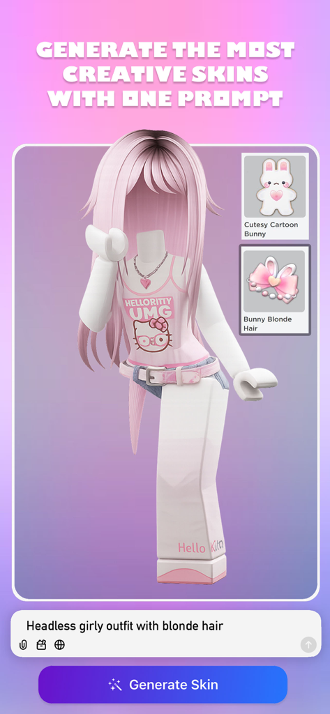 Skin Creator AI for Roblox - A mobile app interface showing an AI generated pink Roblox avatar outfit based on a text prompt