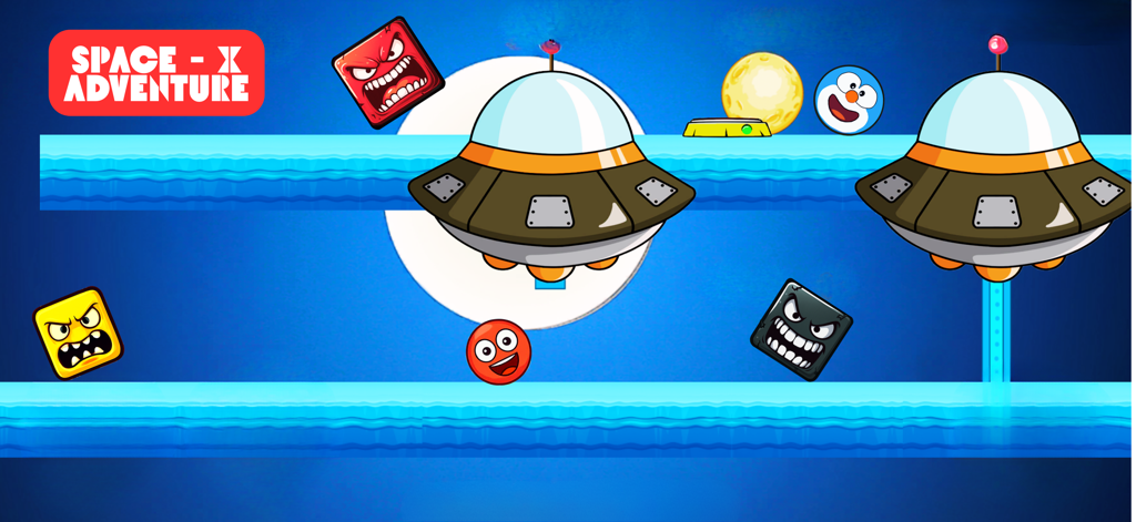 Captura de pantalla del juego Plants Ball 4 mostrando un personaje de bola roja en un nivel de aventura espacial con ovnis y enemigos cuadrados.