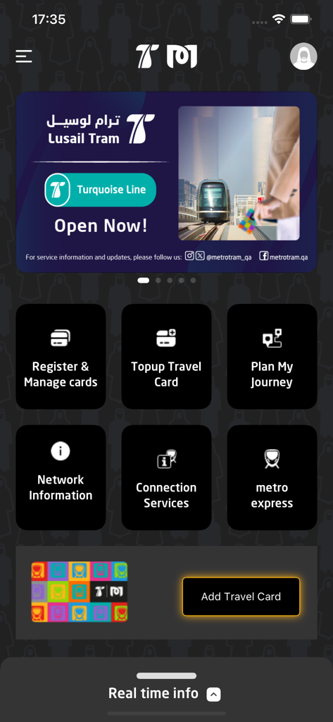 Qatar Rail - Home screen of the Qatar Rail mobile app showing navigation tiles for travel planning and card management.