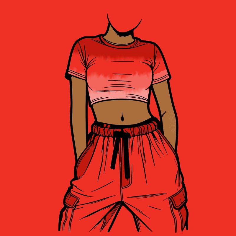 realistic girl faceless with baggy pants and crop top