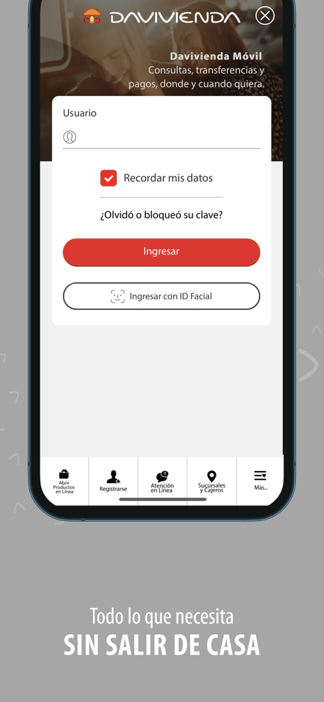 Davivienda Panamá - Davivienda Panama mobile banking login screen with options for username and Face ID