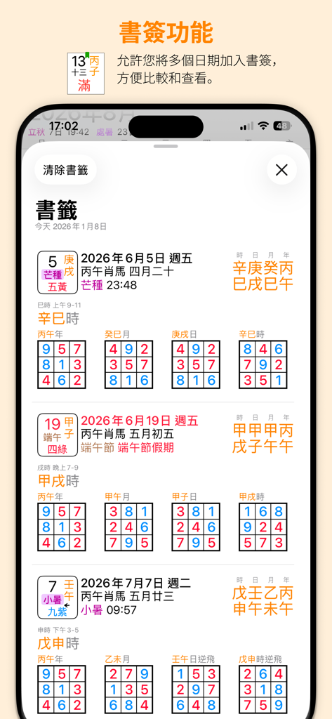 Screenshot der Lesezeichenfunktion in der Purple White Flying Stars Perpetual Calendar App, die mehrere gespeicherte Daten mit Feng Shui Flying Star-Diagrammen und Four Pillars-Daten zum Vergleich zeigt.