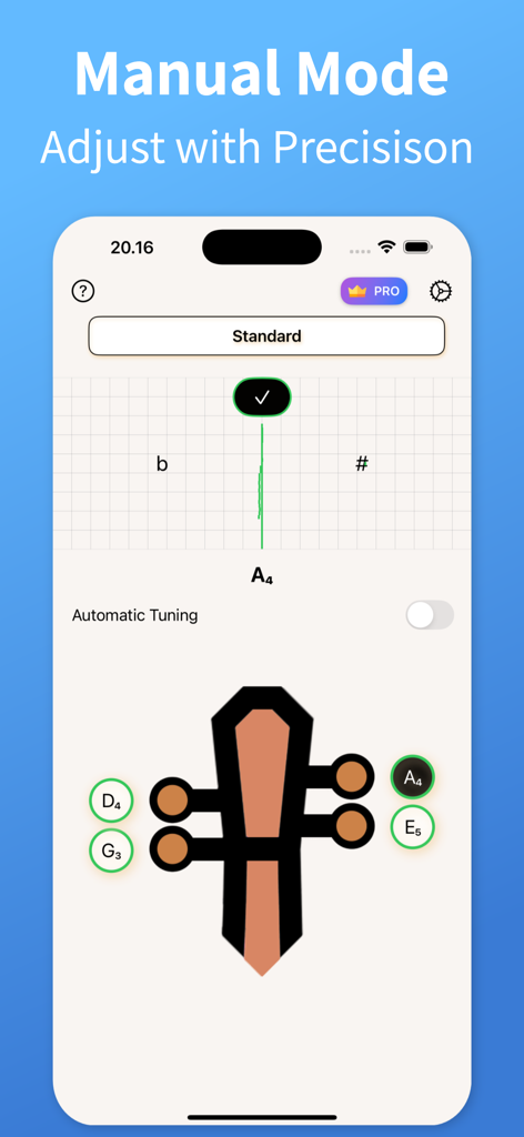 Violin Tuner - TuneGuide - Manual tuning interface for violin showing string notes and precision meter