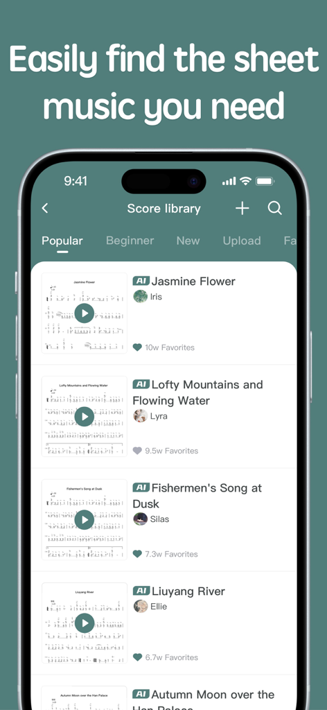 Guzheng-Virtual Zither for All - Mobile app interface showing a library of sheet music for the Guzheng instrument with songs like Jasmine Flower and Lofty Mountains and Flowing Water.
