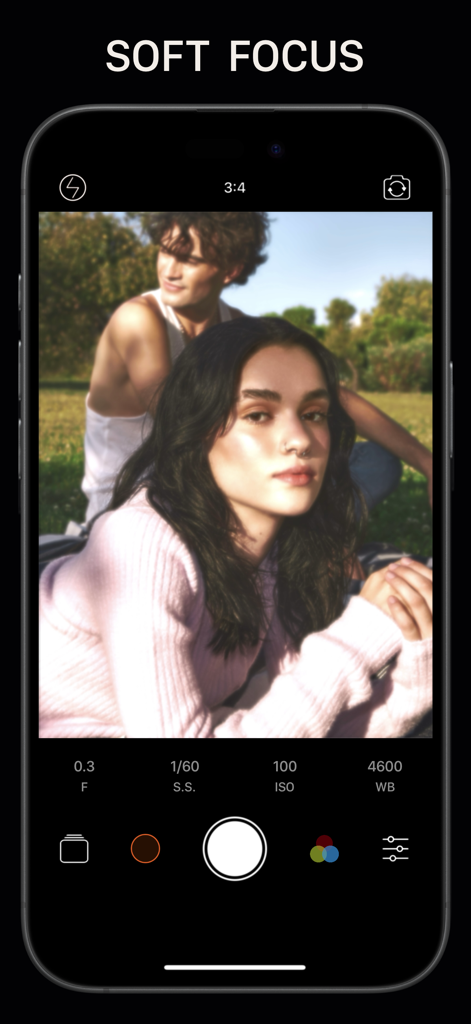 A screenshot of the Pro Camera app showing the soft focus mode with a portrait and manual exposure controls