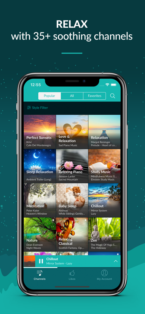 Zen Radio: Calm Relaxing Music - Zen Radio mobile app showing a grid of soothing music channels for relaxation and sleep