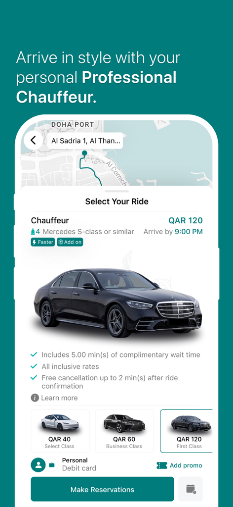 Karwa Official app interface for booking a luxury chauffeur ride in Qatar