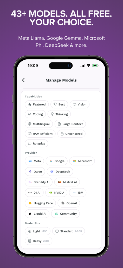 KernelAI - Interface of the KernelAI app showing a list of free offline AI models from providers like Meta, Google, and Microsoft